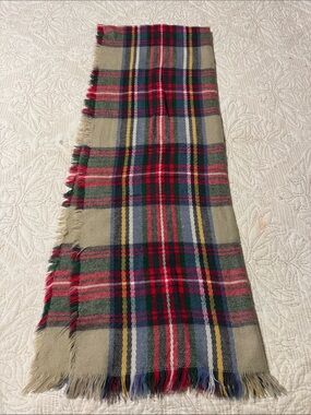 Red Camel Beige Plaid Fringe Scarf with Red, Green, Blue Accents